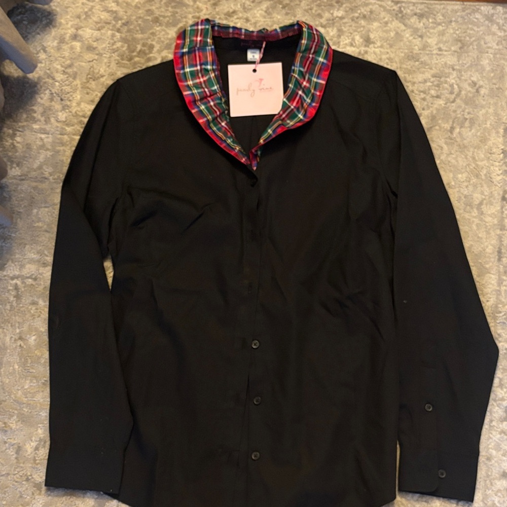 Black Button-Down Shirt with Red Plaid Collar - Pretty Rebellious